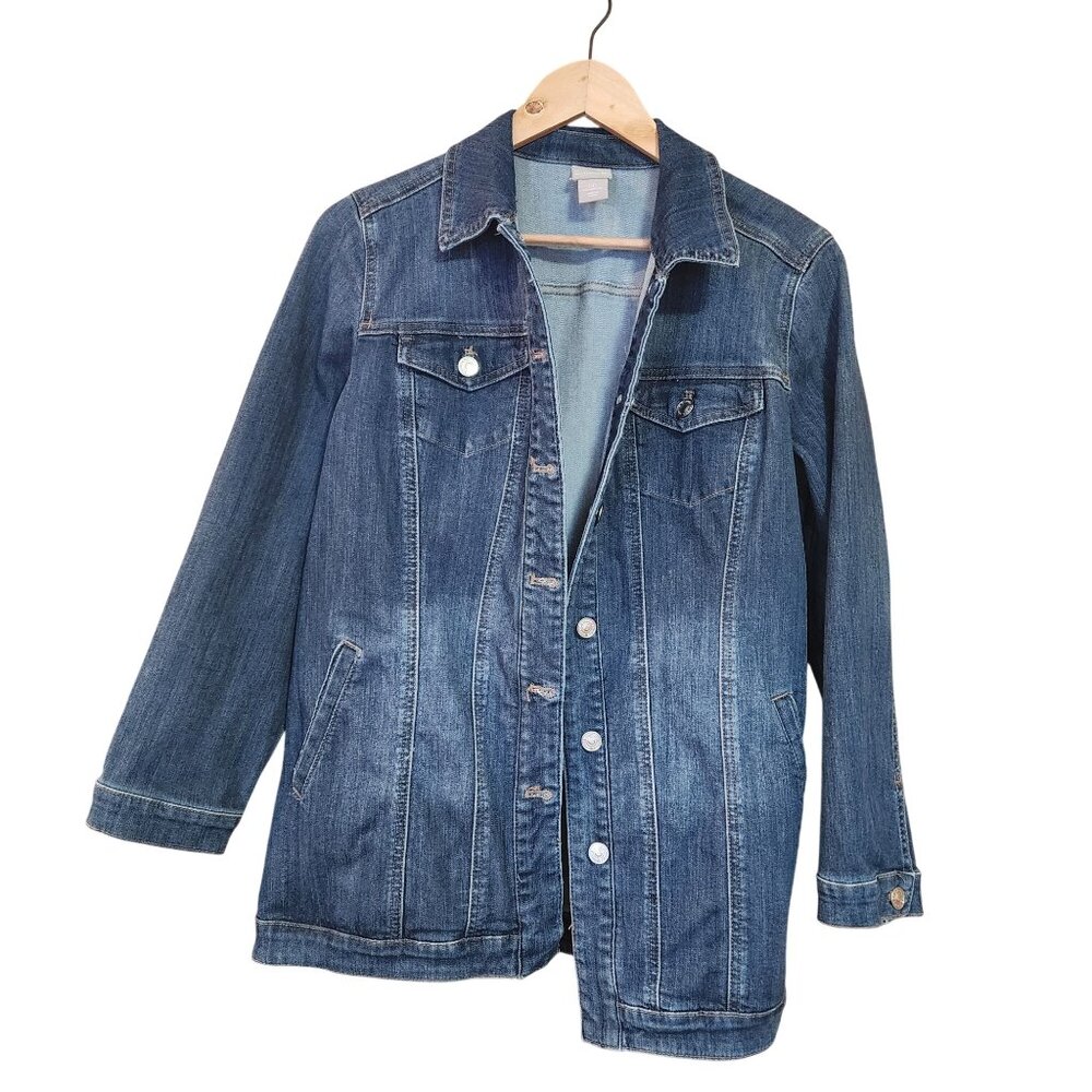 Chicos Womens Blue Denim Jacket Size 0 Medium Wash Button Front Long Sleeve